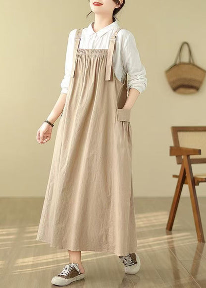 Style Khaki Oversized Pockets Cotton Cami Dress Summer