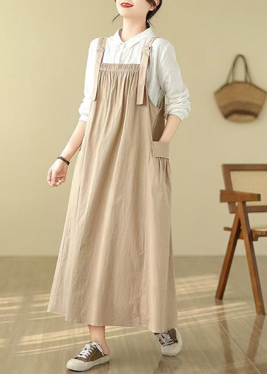 Style Khaki Oversized Pockets Cotton Cami Dress Summer