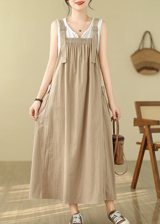 Style Khaki Oversized Pockets Cotton Cami Dress Summer