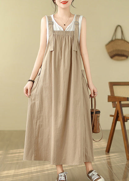 Style Khaki Oversized Pockets Cotton Cami Dress Summer