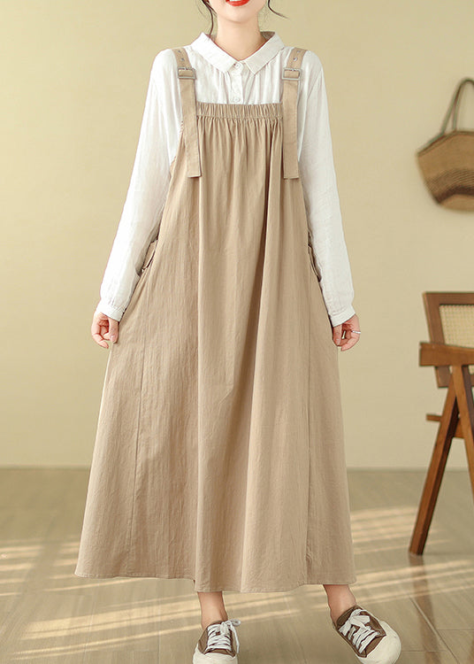 Style Khaki Oversized Pockets Cotton Cami Dress Summer