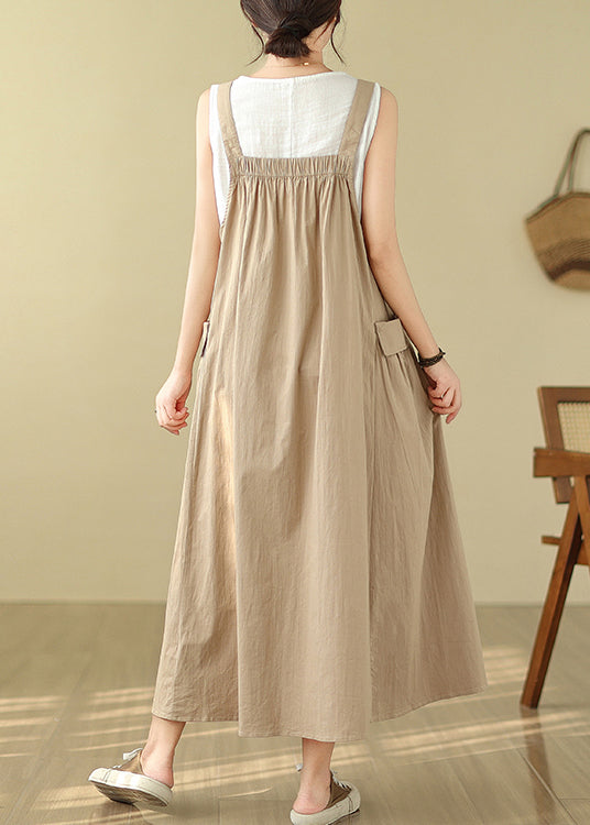 Style Khaki Oversized Pockets Cotton Cami Dress Summer