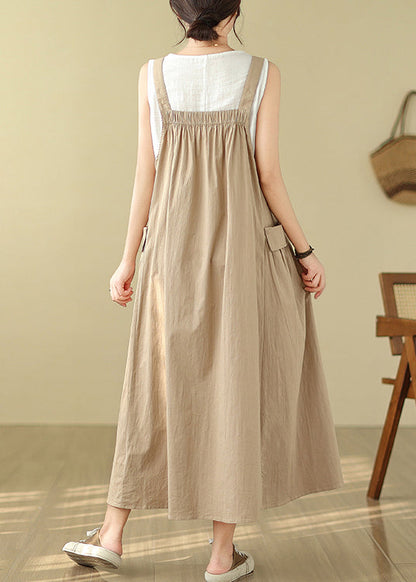 Style Khaki Oversized Pockets Cotton Cami Dress Summer