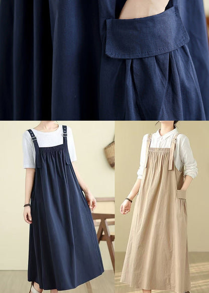 Style Khaki Oversized Pockets Cotton Cami Dress Summer