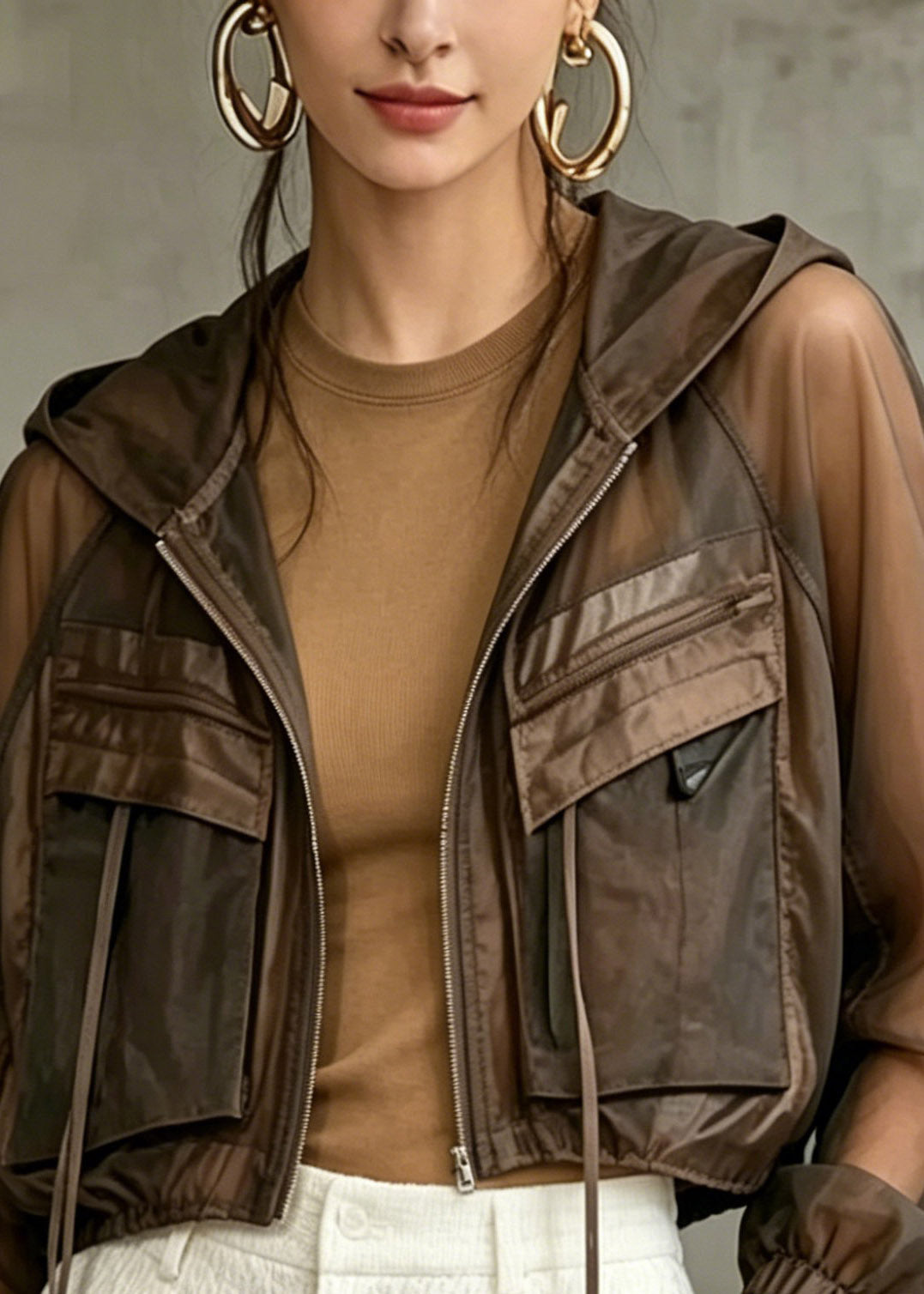 Style Khaki Pockets Patchwork Hooded UPF 50+ Coat Jacket Lantern Sleeve