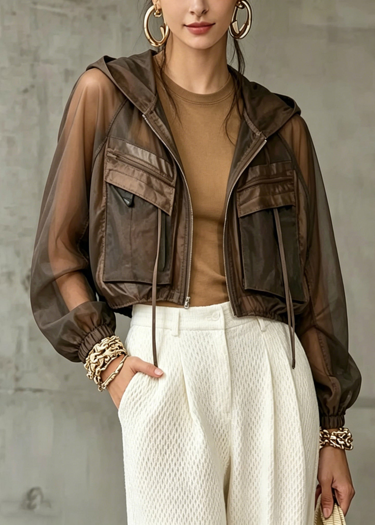 Style Khaki Pockets Patchwork Hooded UPF 50+ Coat Jacket Lantern Sleeve