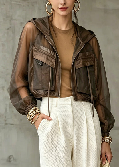 Style Khaki Pockets Patchwork Hooded UPF 50+ Coat Jacket Lantern Sleeve