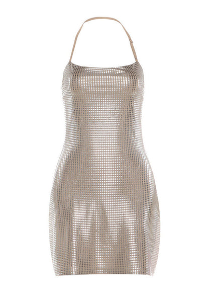 Style Khaki Rhinestone Cotton Mini Dress Summer