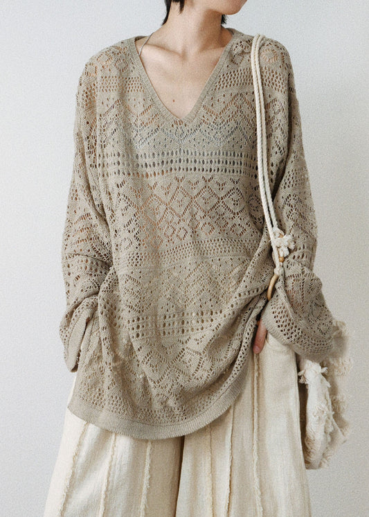Style Khaki V Neck Cozy Knit Tops Long Sleeve