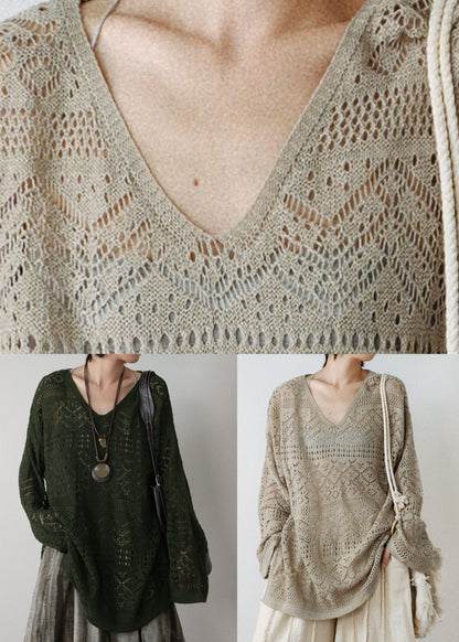 Style Khaki V Neck Cozy Knit Tops Long Sleeve