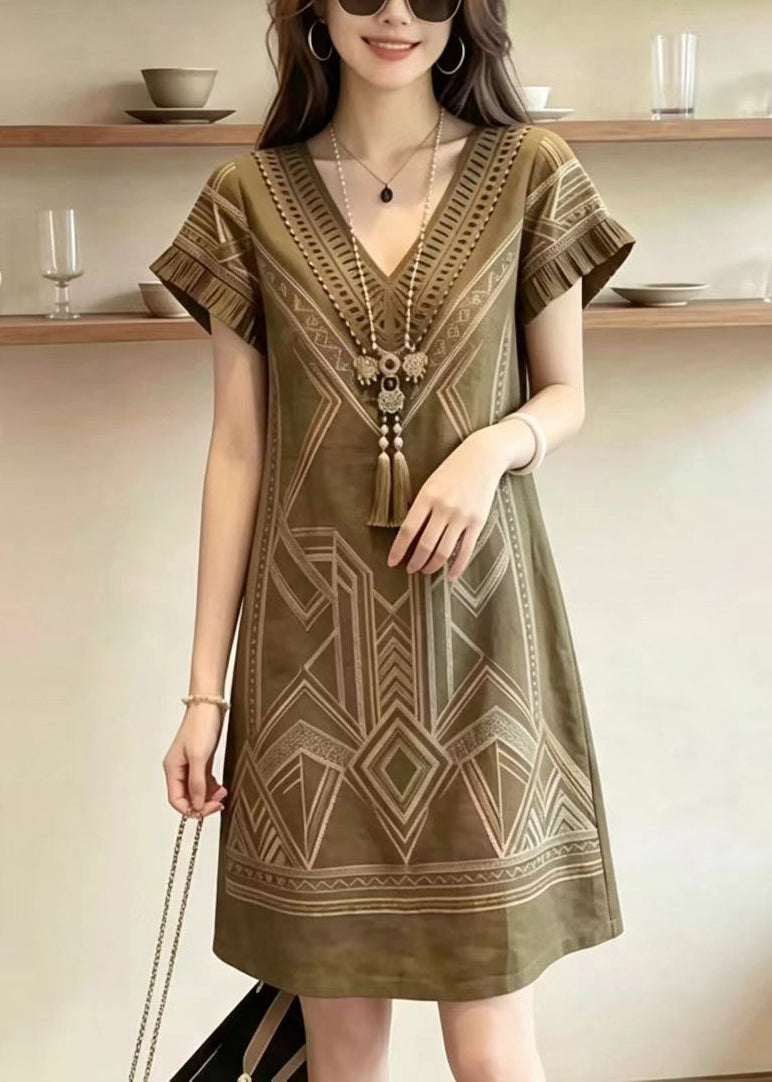 Style Khaki V Neck Print Vacation Dress Summer