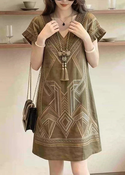 Style Khaki V Neck Print Vacation Dress Summer