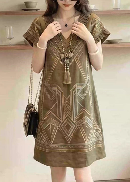 Style Khaki V Neck Print Vacation Dress Summer