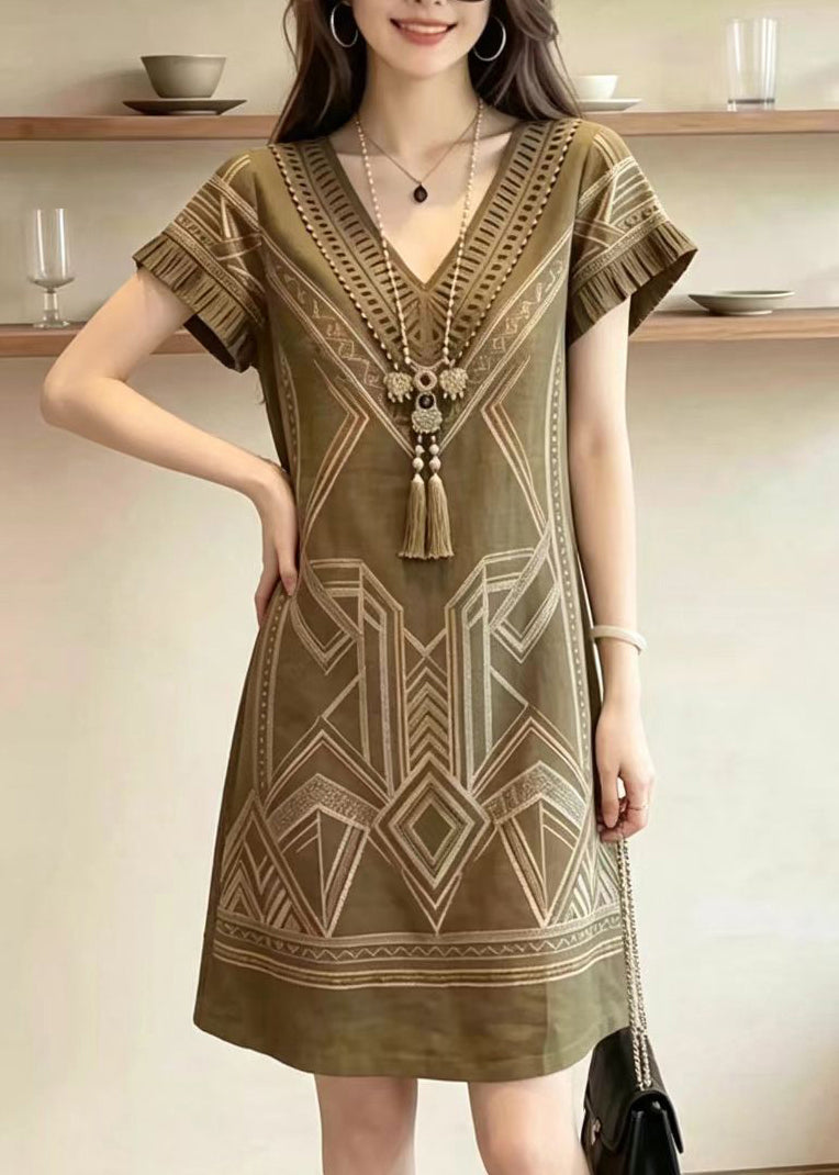 Style Khaki V Neck Print Vacation Dress Summer