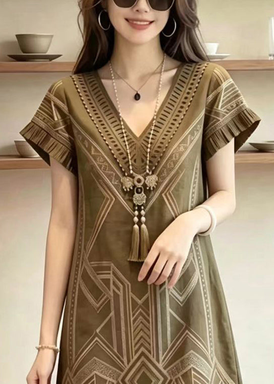 Style Khaki V Neck Print Vacation Dress Summer