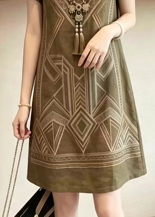 Style Khaki V Neck Print Vacation Dress Summer