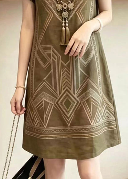 Style Khaki V Neck Print Vacation Dress Summer