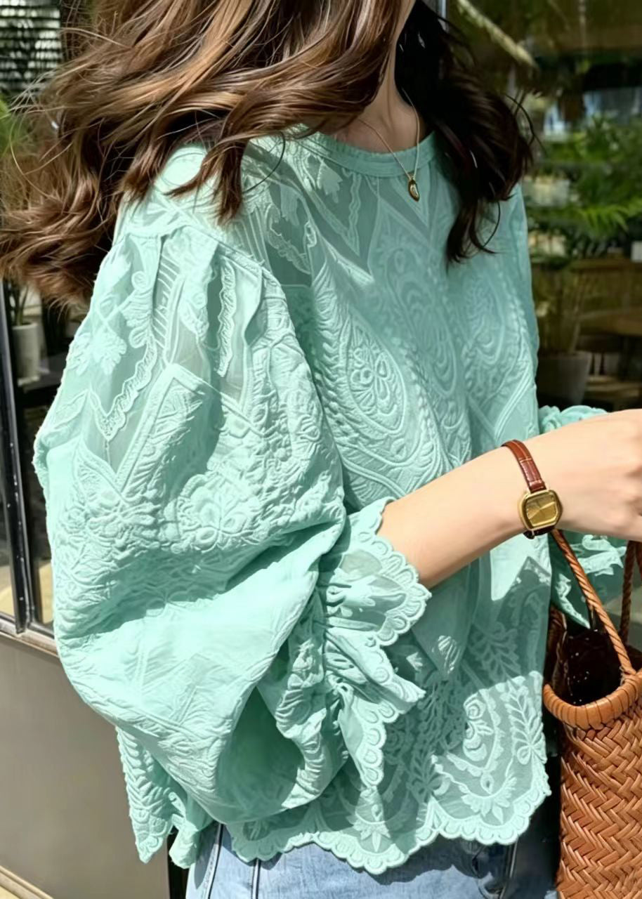 Style Lake Green Embroidered Lace Blouses Summer