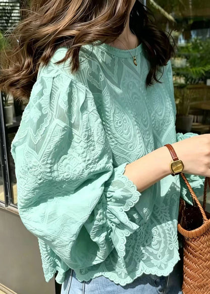 Style Lake Green Embroidered Lace Blouses Summer