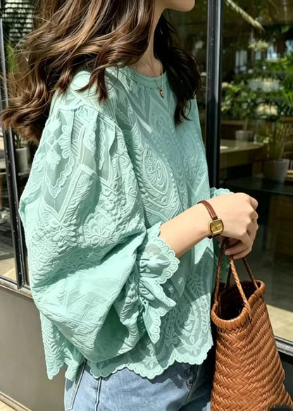 Style Lake Green Embroidered Lace Blouses Summer