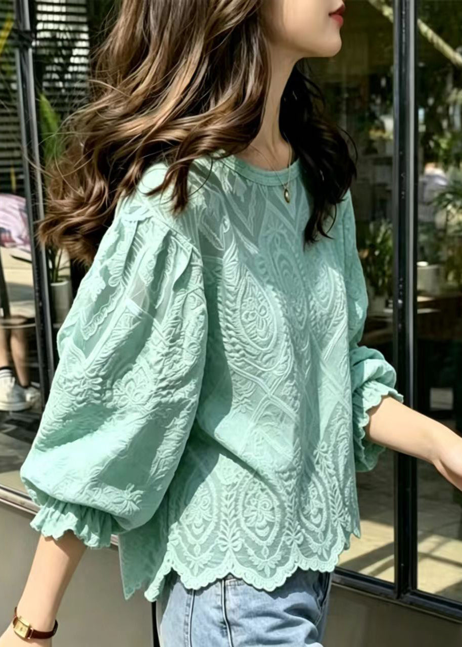 Style Lake Green Embroidered Lace Blouses Summer