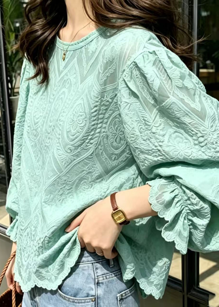 Style Lake Green Embroidered Lace Blouses Summer