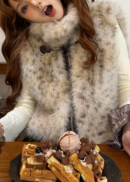 Style Leopard Zippered Pockets Leather And Fur Waistcoat Winter