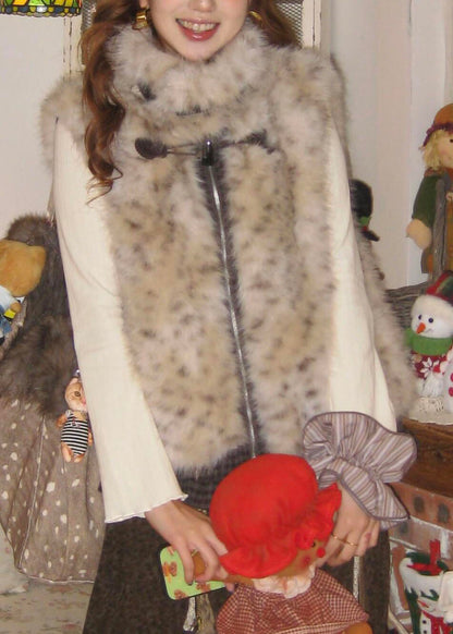Style Leopard Zippered Pockets Leather And Fur Waistcoat Winter