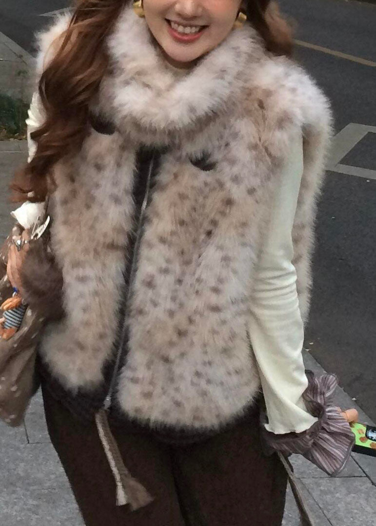 Style Leopard Zippered Pockets Leather And Fur Waistcoat Winter