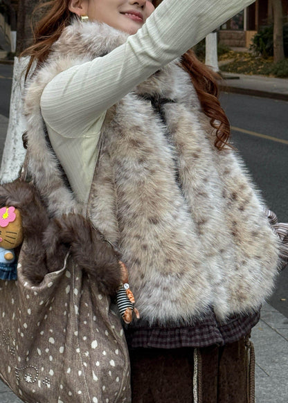 Style Leopard Zippered Pockets Leather And Fur Waistcoat Winter