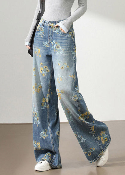 Style Light Blue High Waist Pockets Denim Wide Leg Print Pants