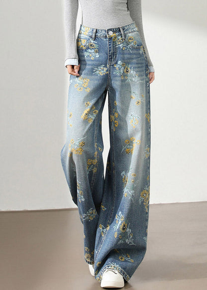 Style Light Blue High Waist Pockets Denim Wide Leg Print Pants