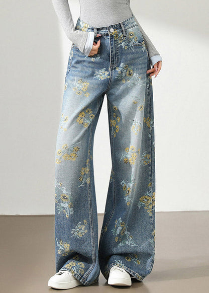 Style Light Blue High Waist Pockets Denim Wide Leg Print Pants