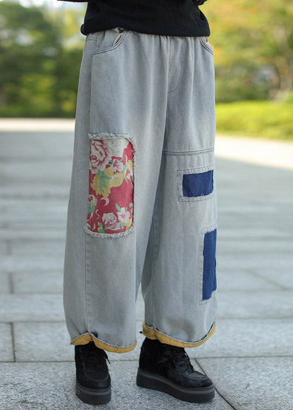 Style Light Blue Pockets Patch Elastic Waist Wide Leg Jeans Fall
