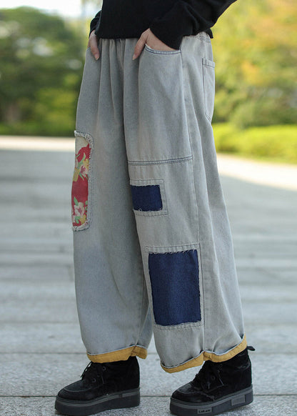 Style Light Blue Pockets Patch Elastic Waist Wide Leg Jeans Fall