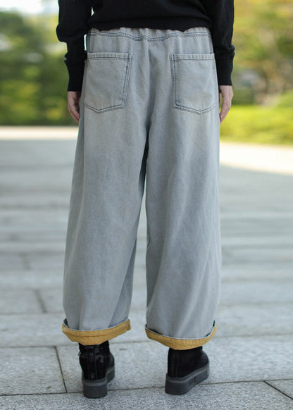 Style Light Blue Pockets Patch Elastic Waist Wide Leg Jeans Fall