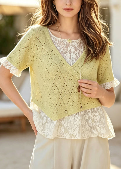 Style Light Green Oversized Patchwork Lace Blouses Summer