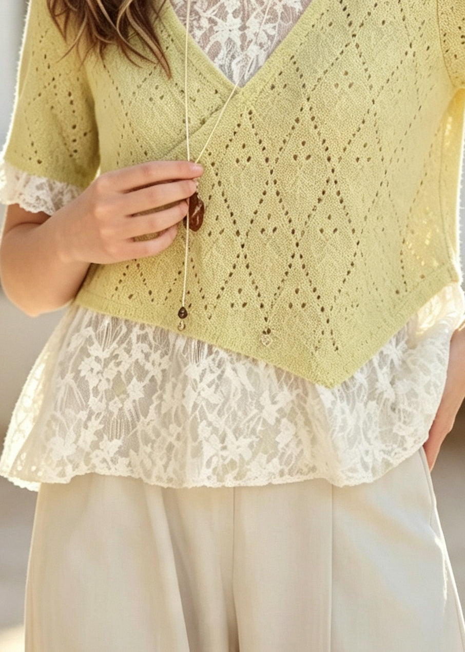 Style Light Green Oversized Patchwork Lace Blouses Summer