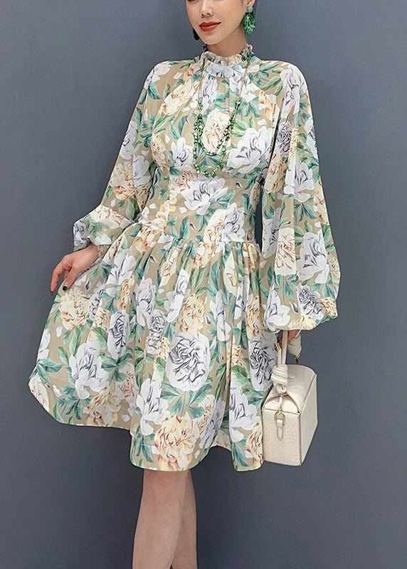 Style Light Green Ruffled Print Chiffon Dress Lantern Sleeve