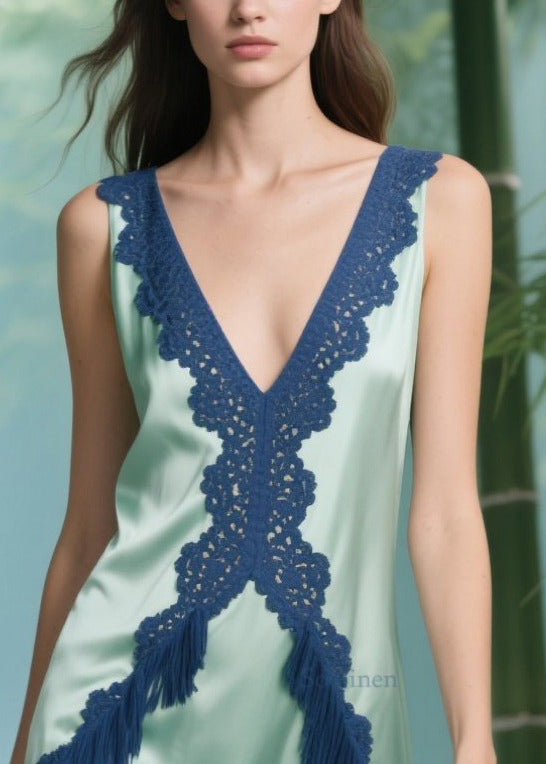 Style Light Green Tasseled Patchwork Silk Day Dress Sleeveless