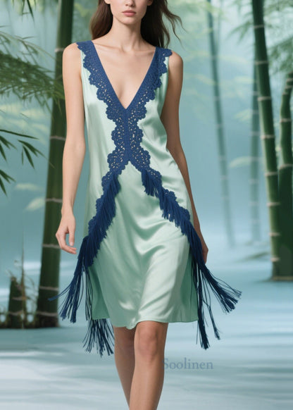 Style Light Green Tasseled Patchwork Silk Day Dress Sleeveless