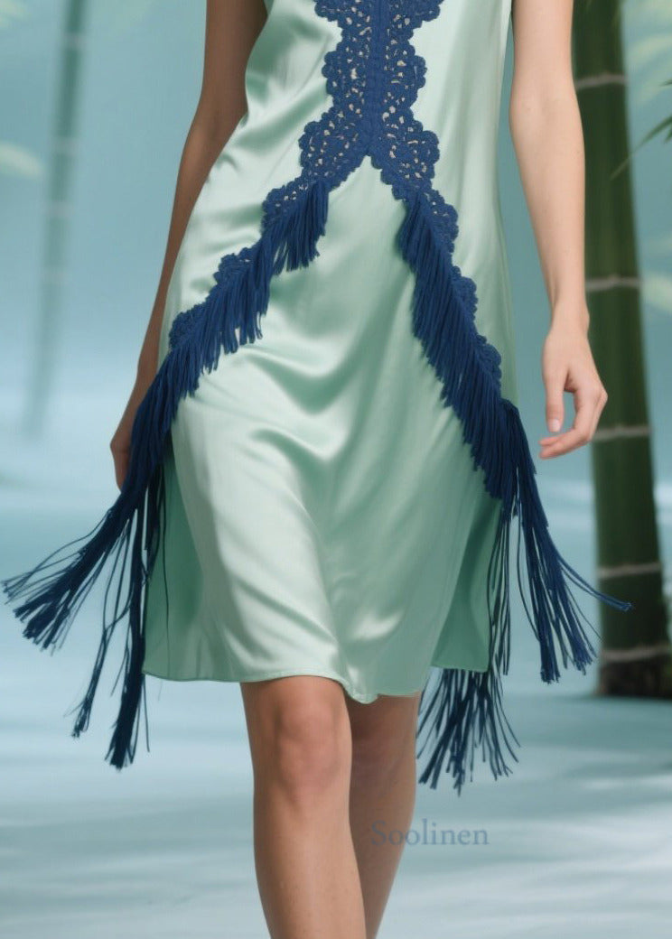 Style Light Green Tasseled Patchwork Silk Day Dress Sleeveless