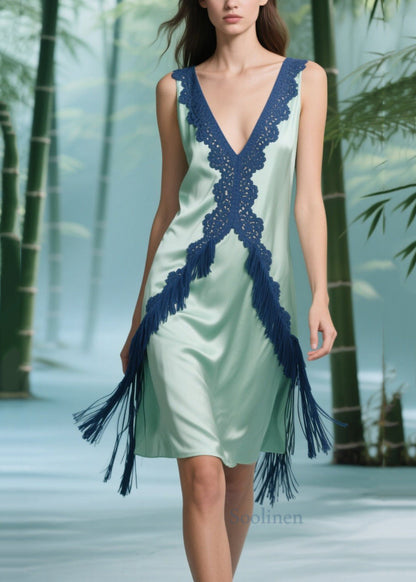 Style Light Green Tasseled Patchwork Silk Day Dress Sleeveless