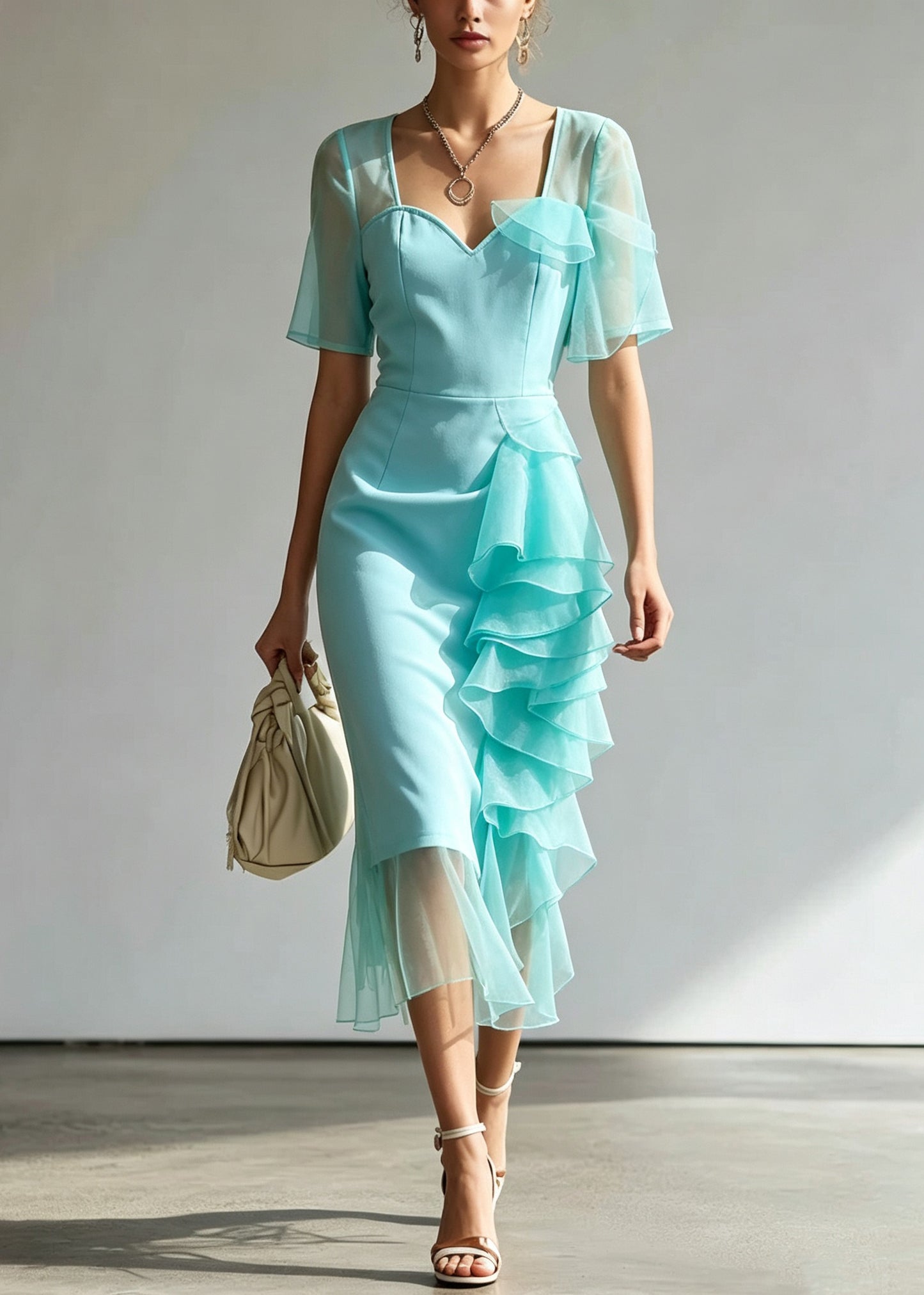 Style Light Green Tulle Patchwork Solid Maxi Dress Short Sleeve