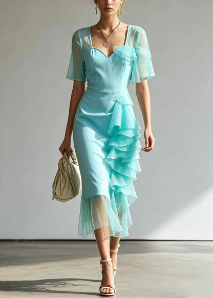 Style Light Green Tulle Patchwork Solid Maxi Dress Short Sleeve