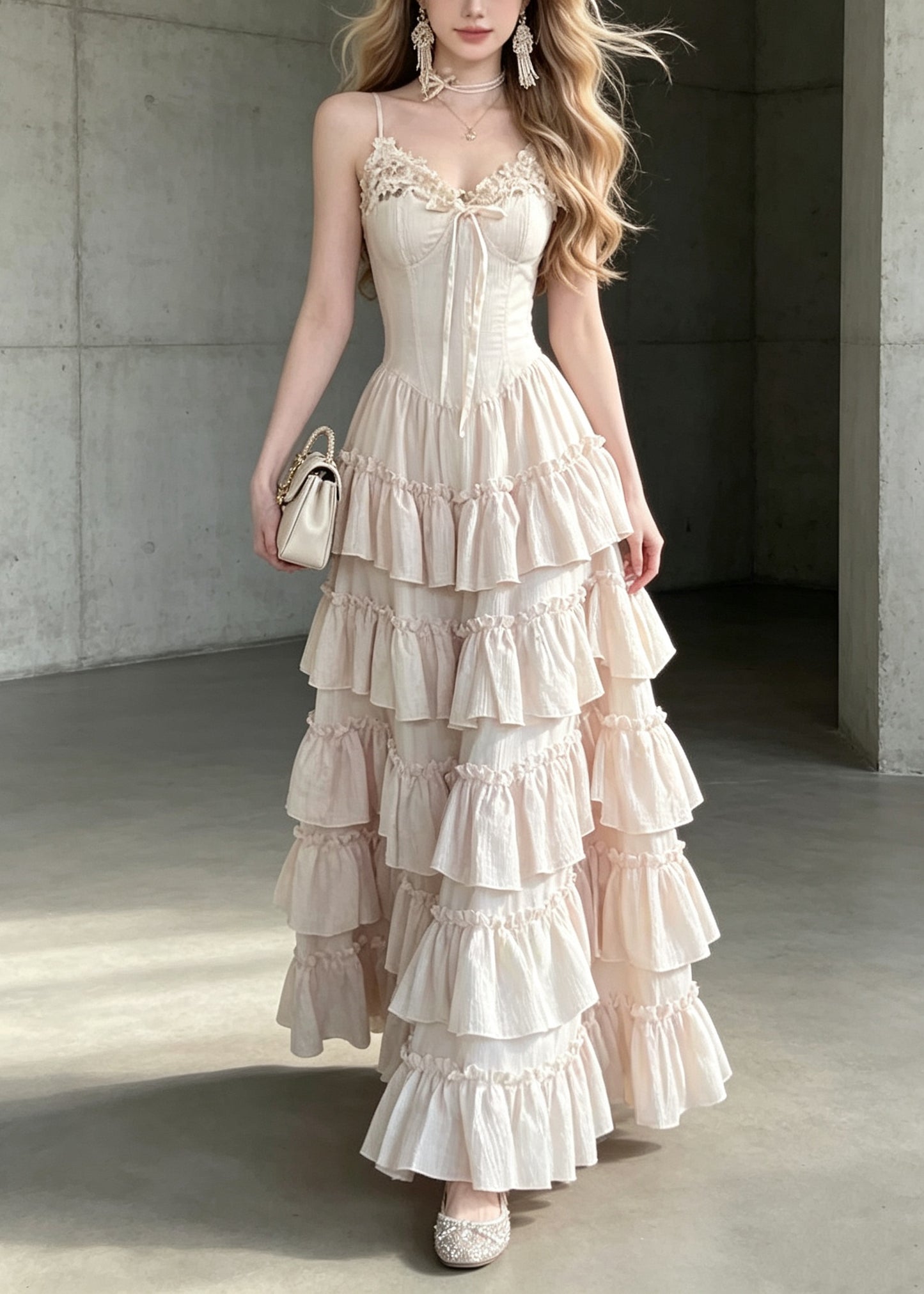 Style Light Pink Ruffled Patchwork Cotton Spaghetti Strap Dresses Summer
