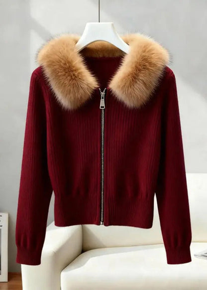 Style Mulberry Fur Collar Zip Up Knit Cardigan Winter