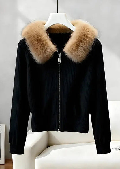 Style Mulberry Fur Collar Zip Up Knit Cardigan Winter