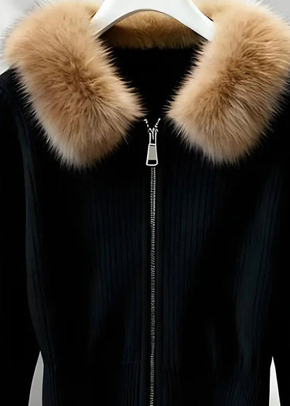 Style Mulberry Fur Collar Zip Up Knit Cardigan Winter