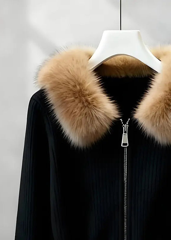 Style Mulberry Fur Collar Zip Up Knit Cardigan Winter